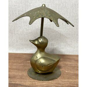 Solid Brass Vintage Duck Umbrella Figurine Cute Desk Paperweight